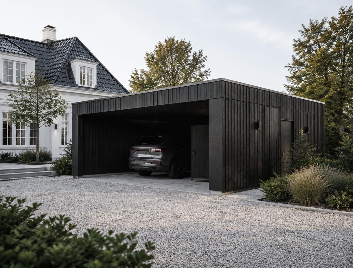 Sort carport med redskabsrum